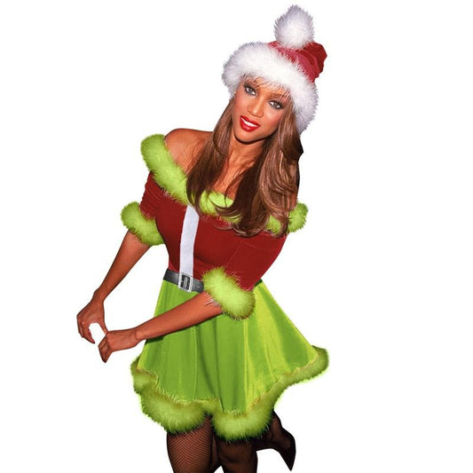 Women's Christmas Santa Dress Deluxe Mrs. Claus Costume Off Shoulder Velvet Dress Santa Hat Set Cosplay Outfits