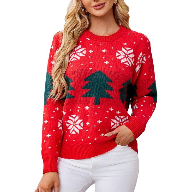 Women's Christmas Sweaters Long Sleeve Round Neck Snowflake Tree Print Loose Pullover Knit Tops Knitwear Spring
