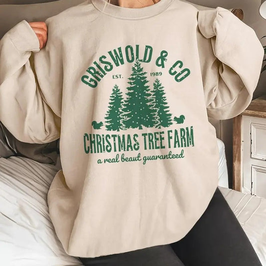 Women's Christmas Tree & Letter Print Drop Shoulder Thermal Lined Sweatshirt, Casual Long Sleeve Round Neck Pullover for Fall & Winter