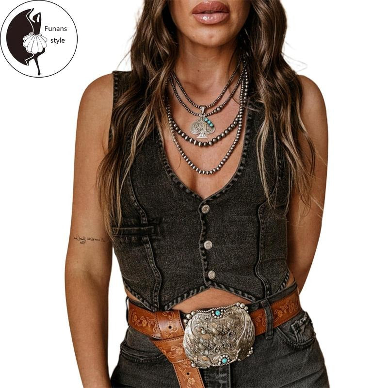 Women's Denim Tank Tops Solid Color V-Neck Button FrontVest