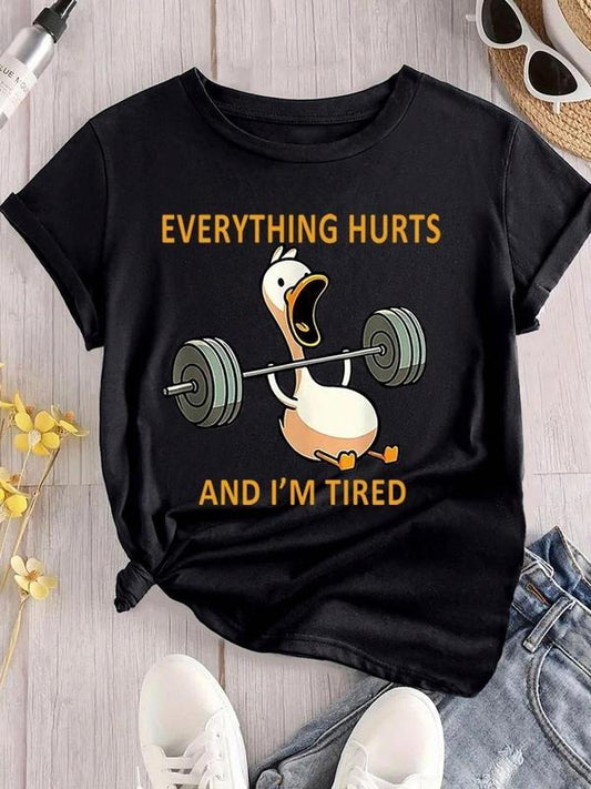 Women's Duck & Letter Print Round Neck Graphic Tee, Vintage Trendy Casual Short Sleeve T-shirt for Daily Wear, Ladies Summer Outfit