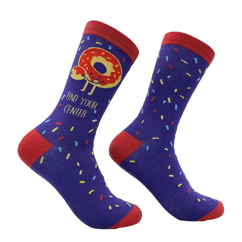 Women's Find Your Center Socks Funny Sarcastic Donut Graphic Footwear Funny Graphic Socks Comfortable Fitted Spandex Cotton