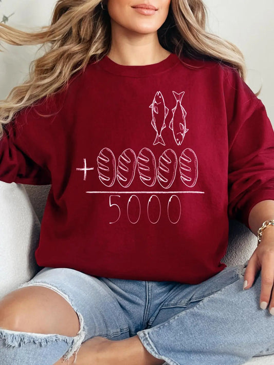 Women's Fish & Bread & Number Print Crew Neck Sweatshirt, Casual Long Sleeve Pullover for Fall & Winter, Women's Clothes for Daily Wear