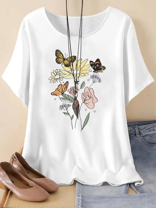 Women's Floral & Butterfly Print Round Neck Tee, Vintage Trendy Casual Drop Shoulder Short Sleeve T-shirt For Daily Wear, Ladies Summer Outfit