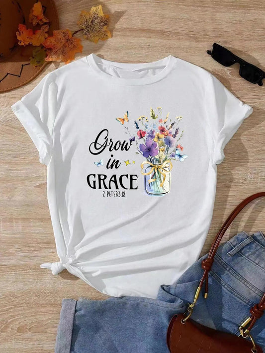 Women's Floral & Letter Print Round Neck Graphic Tee, Vintage Trendy Casual Short Sleeve T-shirt For Daily Wear, Ladies Summer Outfitstyle{n002}2