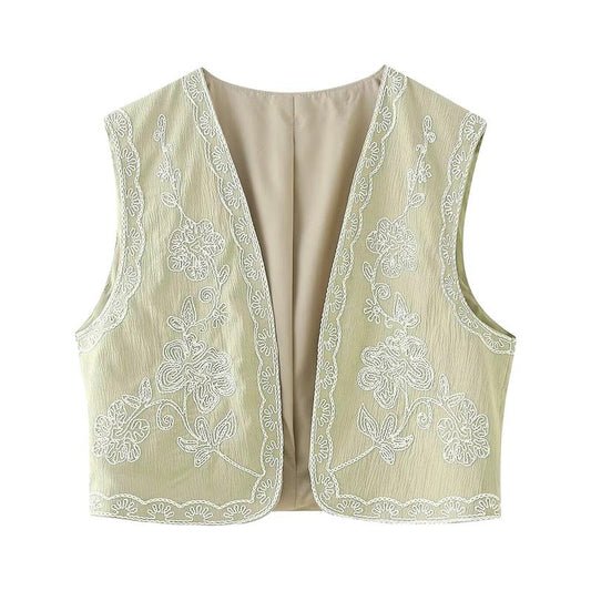 Women's Floral Embroidery Vest Jacket Spring Summer Sleeveless Open Front Short Tank Tops