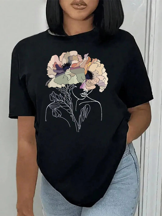 Women's Floral Print Round Neck Tee, Vintage Trendy Short Sleeve T-shirt for Daily Wear, Ladies Summer Outfit 2024