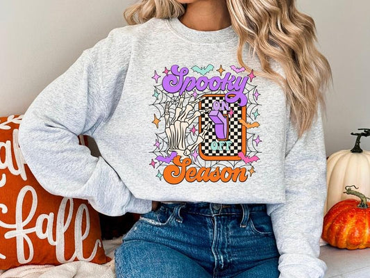 Women's Gildan Spooky Season Sweatshirt with Skeleton Hand Turning On & Off Light Switch, Cute Halloween Sweatshirt, Funny Holiday Sweatshirt