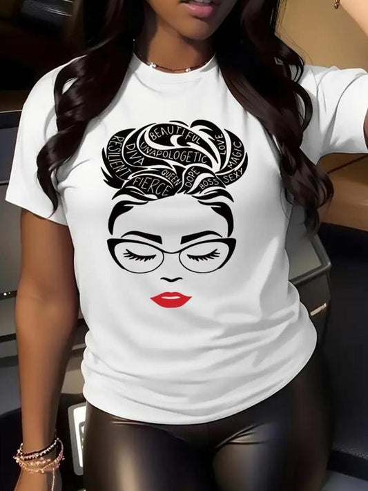 Women's Girl Print Round Neck Graphic Tee, Vintage Trendy Casual Short Sleeve T-shirt for Daily Wear, Ladies All Seasons Wear