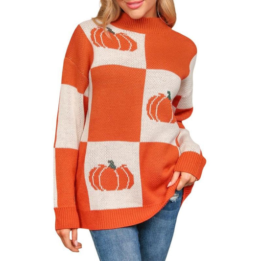 Women's Halloween Pumpkin Sweater Loose Checkerboard Mock Neck Long Sleeve Pullover Knit Tops Casual Streetwear