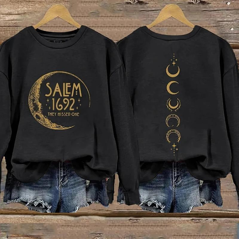 Women's Halloween Salem 1692 They Missed One Sweatshirt, Crewneck Black, Casual Round Neck, Funny Halloween Both Sides Design