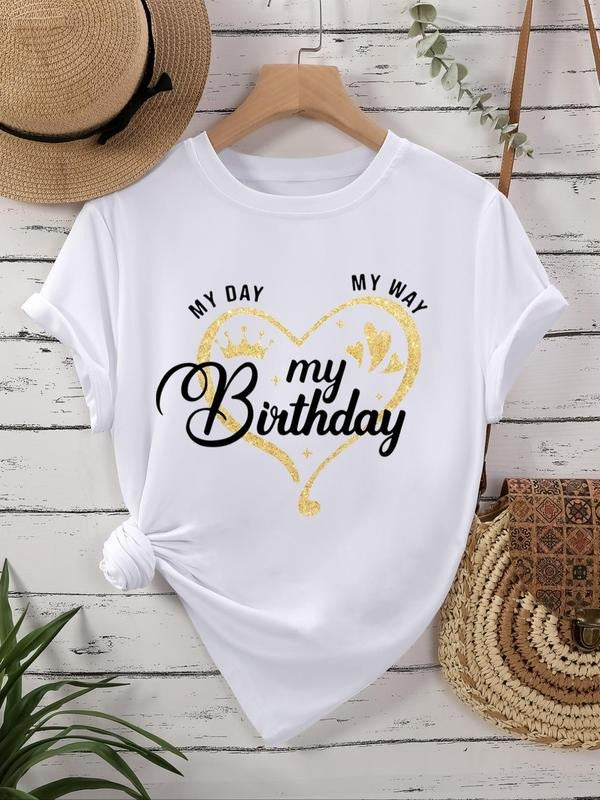 Women's Heart & Letter Print Round Neck Tee, Casual Short Sleeve T-Shirt for Daily Wear, Ladies Clothes for All Seasons