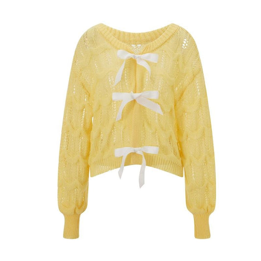 Women's Hollow Out Sweater Elegant Long Sleeve Round Neck Back Bow Knit Pullover Tops