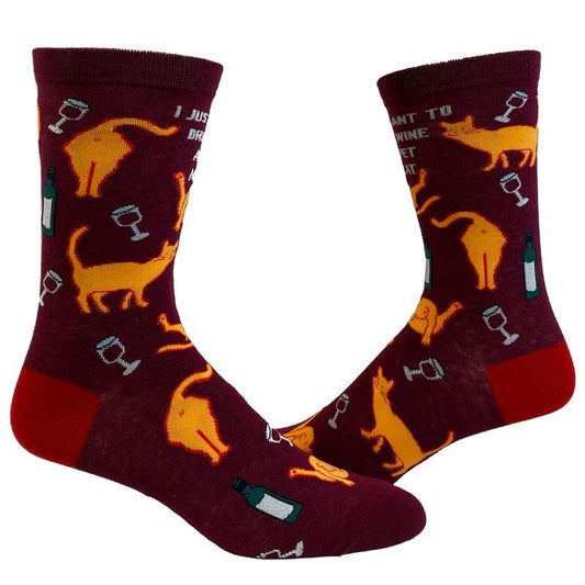Women's I Just Want to Drink Wine and Pet My Cat Socks Funny Pet Kitty Kitten Animal Lover Graphic Footwear Funny Graphic Socks Comfortable Fitted Spandex Cotton