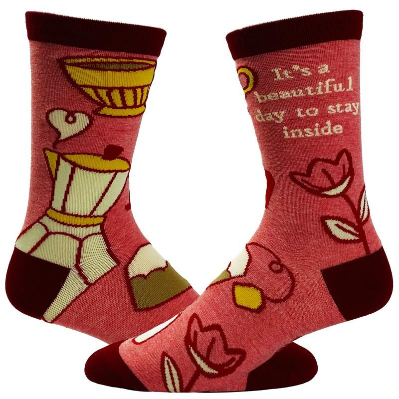 Women's It's A Beautiful Day To Stay Inside Socks Funny Introvert Coffee Lover Novelty Footwear Funny Graphic Socks Comfortable Fitted Spandex Cotton