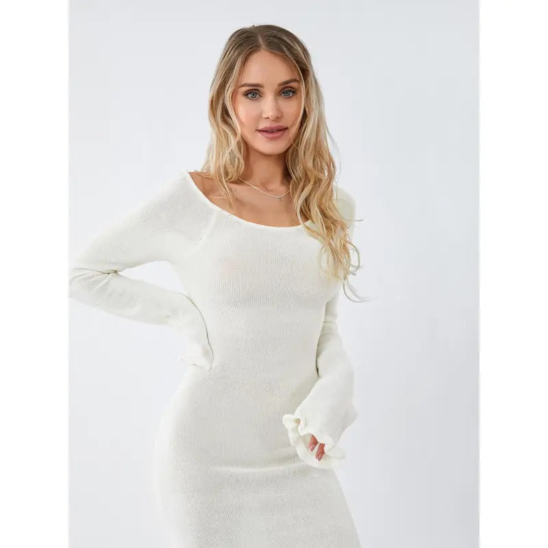 Women's Knitted Bodycon Dress Long Sleeve Tie Backless Round Neck Solid Color Ruffle Trim Long Dress Beachwear Casual Elegant