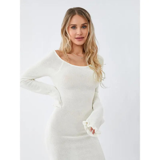 Women's Knitted Bodycon Dress Long Sleeve Tie Backless Round Neck Solid Color Ruffle Trim Long Dress Beachwear Casual Elegant