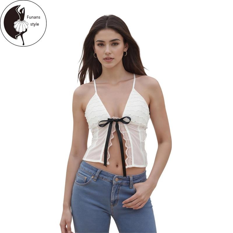 Women's LaceCropped Camisole V-Neck Spaghetti Strap Tiered Ruffled Show Navel Tops
