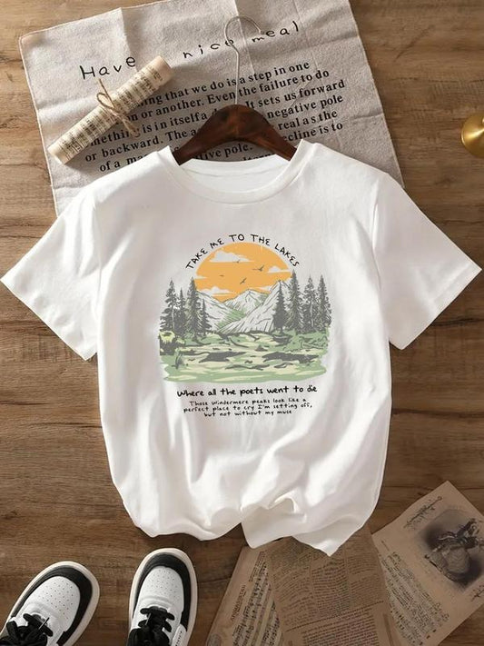 Women's Landscape Print Round Neck Graphic Tee, Vintage Trendy Casual Short Sleeve T-shirt for Daily Wear, Ladies Outfit for All Seasons