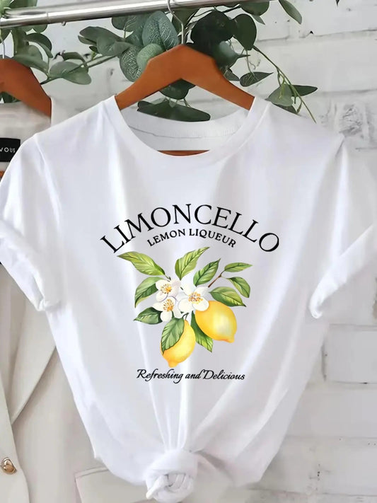 Women's Lemon & Letter Print Round Neck Tee, Casual Short Sleeve Crew Neck T-Shirt for Daily Wear, Ladies Clothes for All Seasons