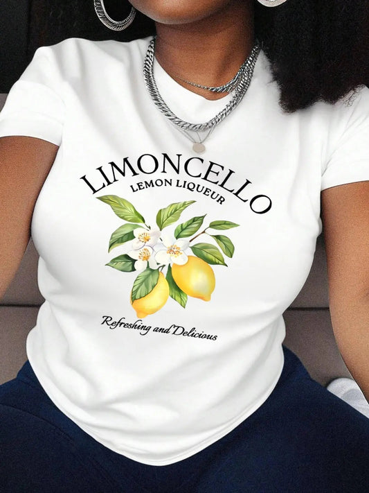 Women's Lemon & Letter Print Round Neck Tee, Fashion Casual Short Sleeve T-shirt, Ladies Summer Clothes for Daily Wear