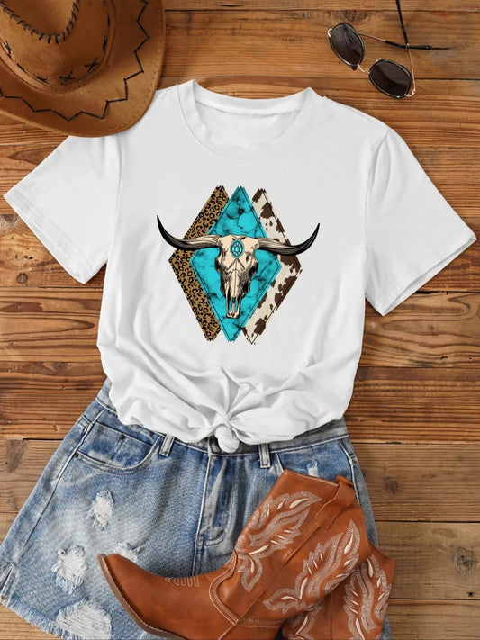 Women's Leopard & Bull Head Print Round Neck Tee, Fashion Casual Short Sleeve T-shirt for Daily Wear, Ladies Summer Clothes