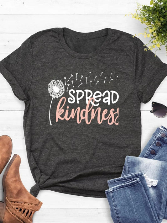 Women's Letter & Dandelion Print Round Neck Graphic Tee, Vintage Trendy Casual Short Sleeve T-shirt For Daily Wear, Ladies Summer Outfit