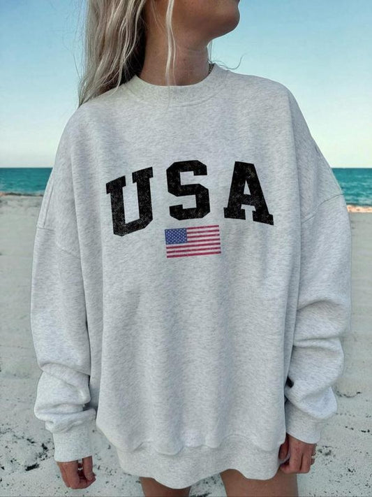 Women's Letter & Flag Print Drop Shoulder Sweatshirt, Casual Long Sleeve Round Neck Pullover for Fall & Winter, Ladies Clothes for Daily Wear
