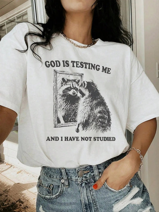 Women's Letter & Raccoon Print Drop Shoulder Tee, Casual Half Sleeve Round Neck T-Shirt for Summer, Fashion Women's Top for Daily Wear