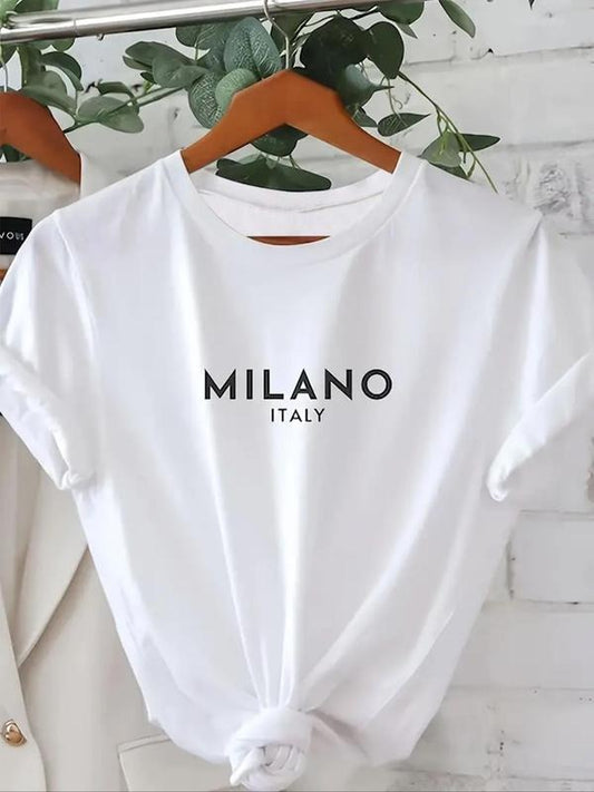 Women's Letter Print Round Neck Tee, Summer Clothes, Fit Casual Short Sleeve Crew Neck T-shirt for Summer, Women's Clothing, Vintage Graphic Tees, T Shirts for Women, Fashion Women's Top for Daily Wear, Summer Tops, Clothes for Women, Streetwear, Tshirt