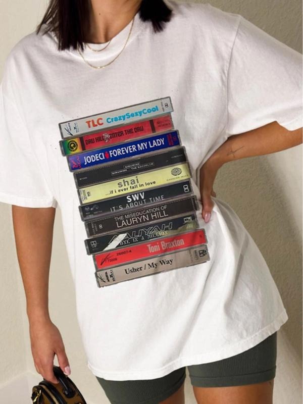 Women's Letter Tape Cassette Print Round Neck Tee, Casual Loose Half Sleeve T-shirt for Daily Wear, Ladies Clothes for All Seasons