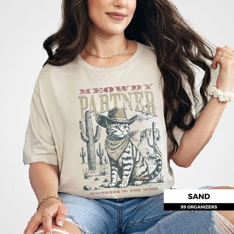 Women's Meowdy Partner Vintage Cowboy Cat Shirt, Cute Ranch Cat Graphic Tee, Retro 90s Country Yeehaw Top Cotton Womenswear