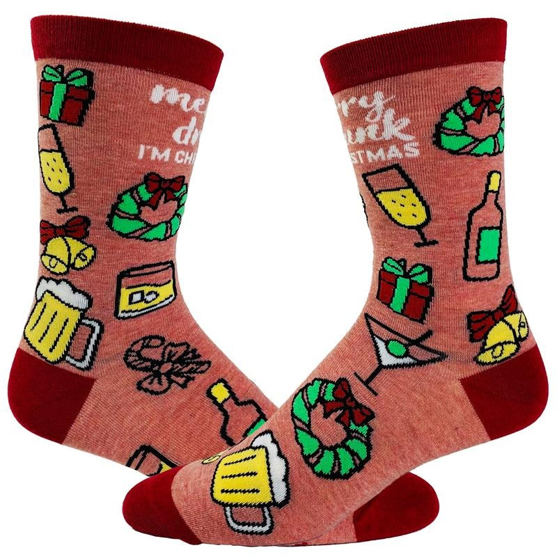 Women's Merry Drunkmas Socks Funny Christmas Party Beer Wine Lover Novelty Footwear Funny Graphic Socks Comfortable Fitted Spandex Cotton
