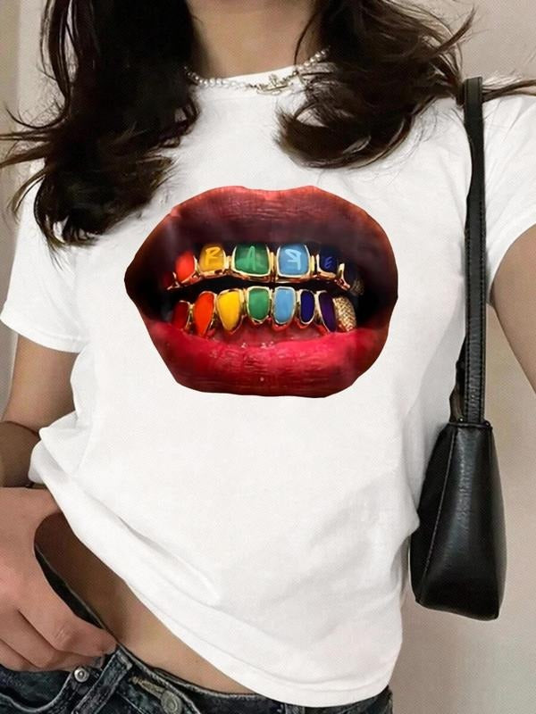Women's Mouth Print Round Neck Tee, Fashion Casual Short Sleeve T-shirt, Ladies Summer Clothes for Daily Wear