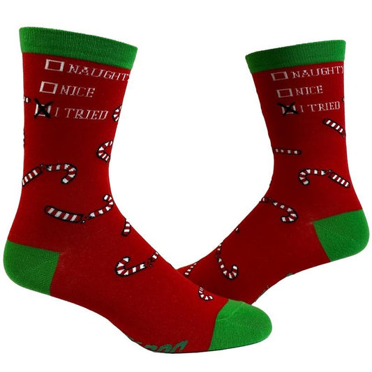 Women's Naughty Nice I Tried Socks Funny Christmas List Good Bad Graphic Footwear Funny Graphic Socks Comfortable Fitted Spandex Cotton