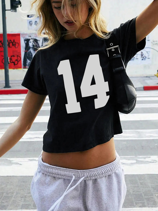 Women's Number Print Round Neck Crop Tee, Casual Short Sleeve Crew Neck T-shirt for Daily Wear, Ladies Clothes for All Seasons