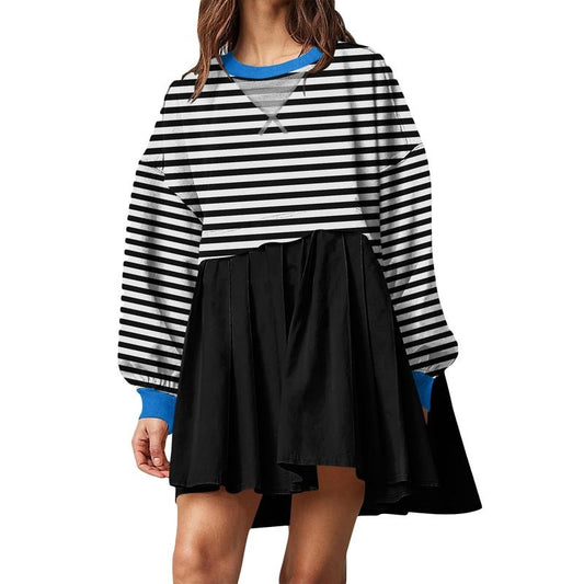 Women's Patchwork Mini Sweatshirt Dress Striped Crew Neck Long Sleeve Pullover Pleated Dress Casual Streetwear