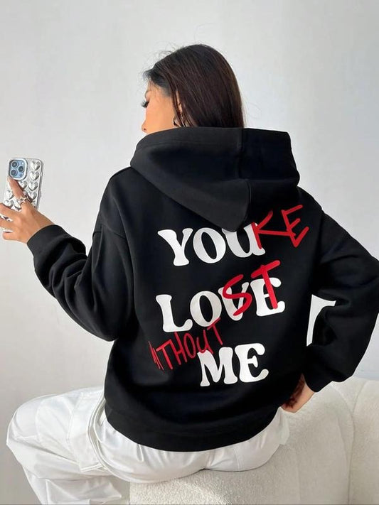 Women's Personalized Letter Print Drop Shoulder Drawstring Hoodie, Comfort Soft Long Sleeve Womenswear, Pocket Hooded Sweatshirt for Daily Streetwear, New Trendy Women Pullover Tops, Cozy Fall Outfits