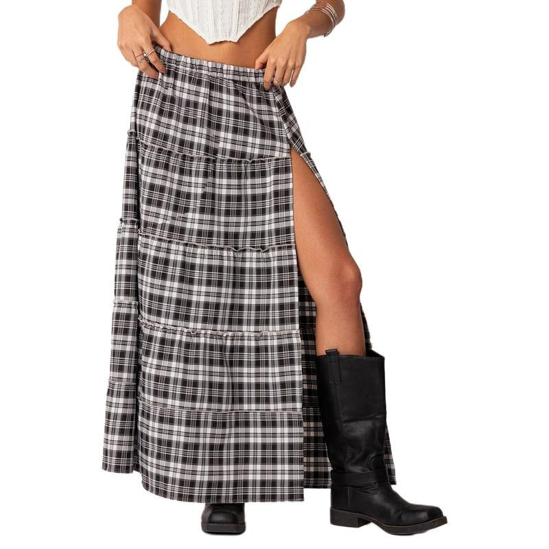 Women's Plaid Long Skirts Vintage Elastic Waist Side Slit Tiered Midi Skirts Casual Flowy Skirts Womenswear Bottom