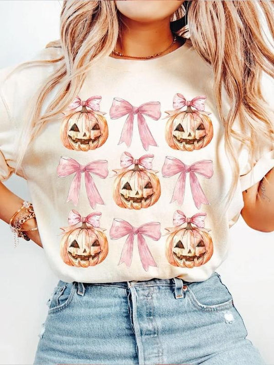 Women's Pumpkin & Bow Print  Round Neck Shirt, Halloween Sweatshirt, Halloween tee, Unisex Classic Cotton with Graphic Print in All Sizes
