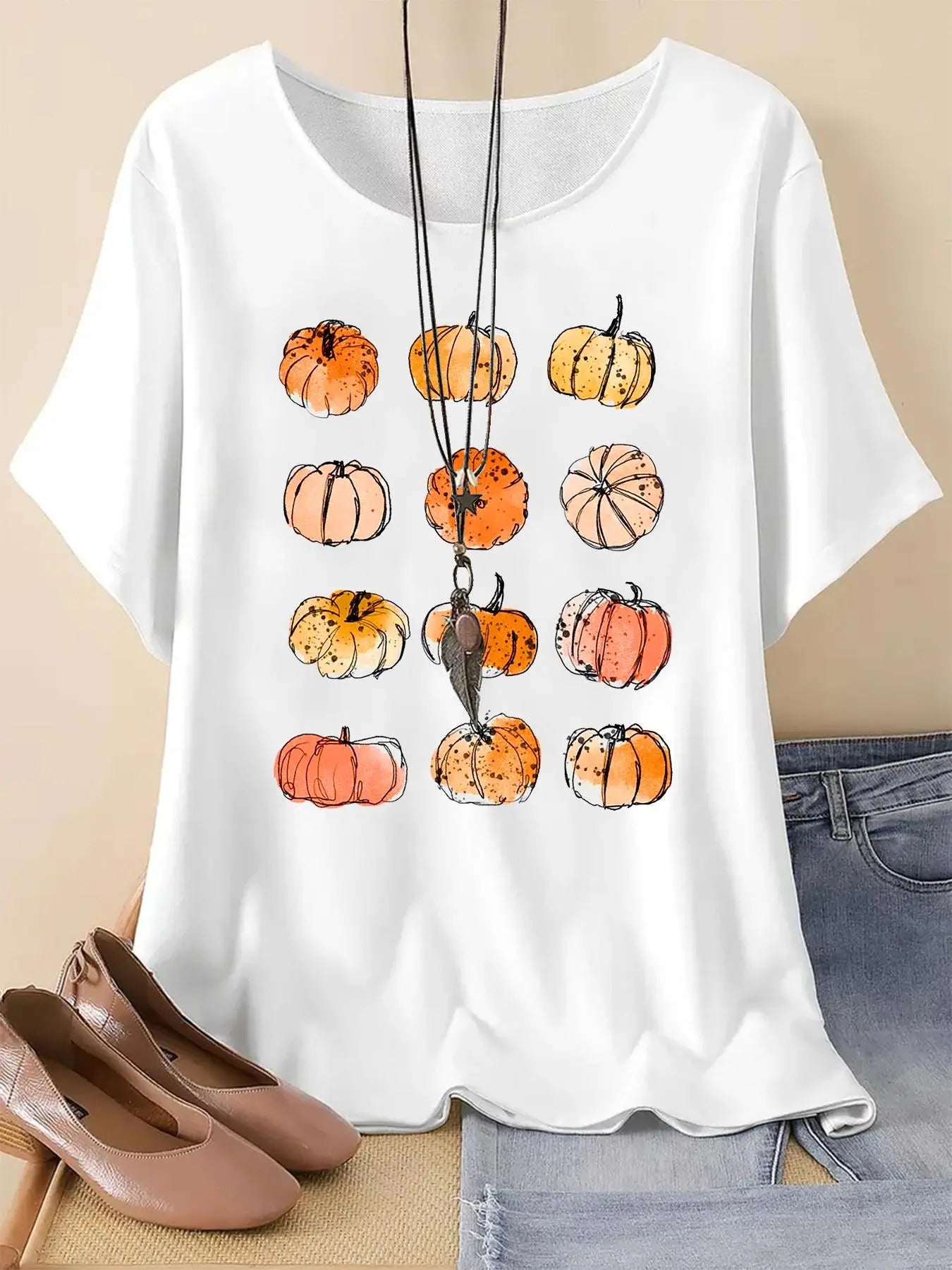 Women's Pumpkin Print Round Neck Tee, Vintage Trendy Casual Short Sleeve T-shirt for Daily Wear, Ladies Summer Outfit