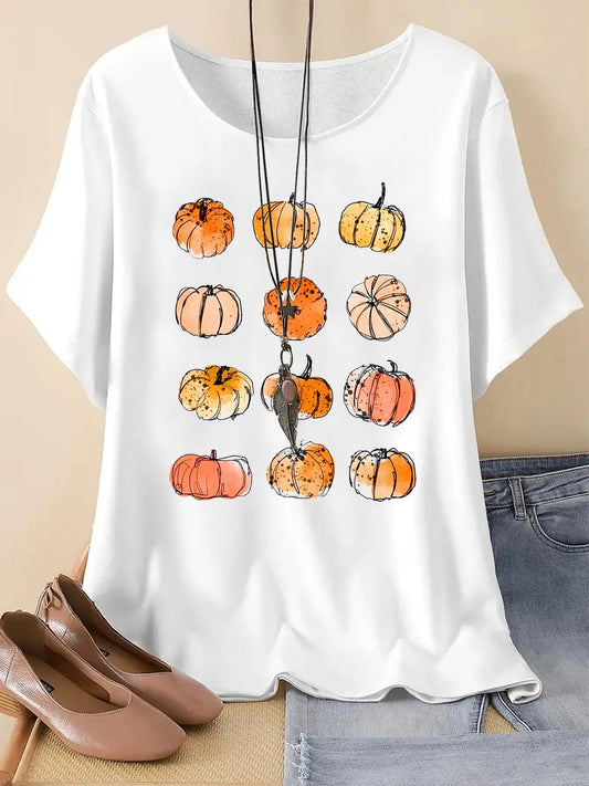 Women's Pumpkin Print Round Neck Tee, Vintage Trendy Casual Short Sleeve T-shirt for Daily Wear, Ladies Summer Outfit