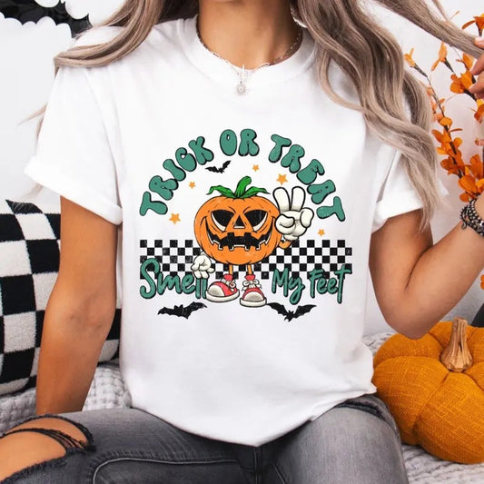 Women's Retro Vintage Trick or Treat Graphic T-Shirt, Short Sleeve Casual Cotton Shirt - Top, Womenswear