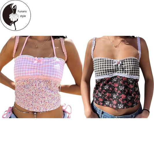 Women's Sleeveless Cami Tops Spaghetti Strap Tie-up Back Patchwork Camisole Tank Tops