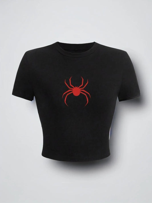Women's Spider Graphic Print Crewneck Crop Baby Tee, Summer Clothes Women, Casual Street Short Sleeve T-shirt, Lady Streetwear Top, 2024 Comfort Womenswear