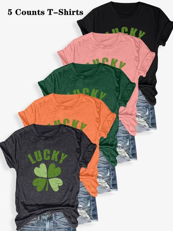 Women's St Patrick's Day Letter & Clover Print Round Neck Tee, Casual Short Sleeve T-shirt for Summer, Ladies Clothes for Daily Wear