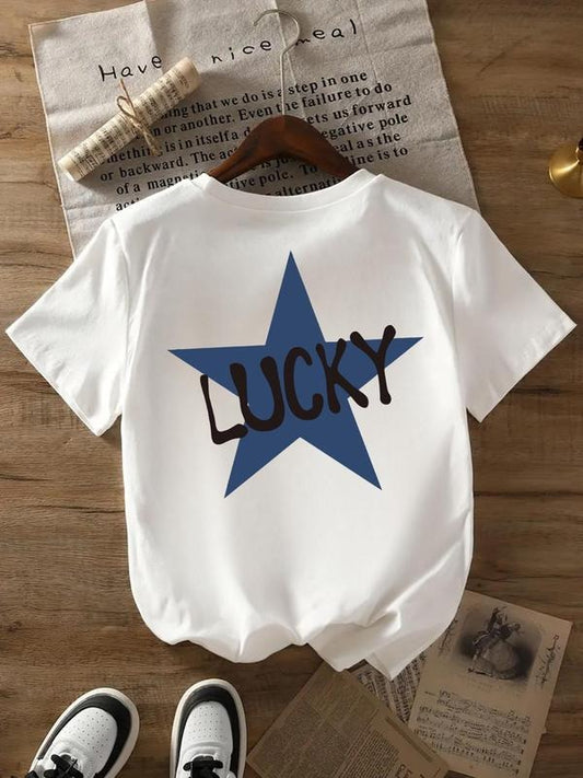Women's Star & Letter Print Round Neck Tee, Trendy Casual Short Sleeve T-Shirt for Daily Wear, Ladies All Seasons Outfit