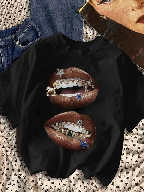 Women's Star & Lip Print Round Neck Tee, Fashion Casual Crew Neck T-Shirt for Daily Holiday Vacation Outdoor Wear, Ladies Clothes for Summer, Top