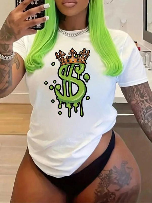 Women's Streetwear Money Graphic Round Neck Tee, Short Sleeve Crew Neck T-shirt, Casual Top for Women, Comfort Womenswear for Streetwear, Lady Tops for All Seasons