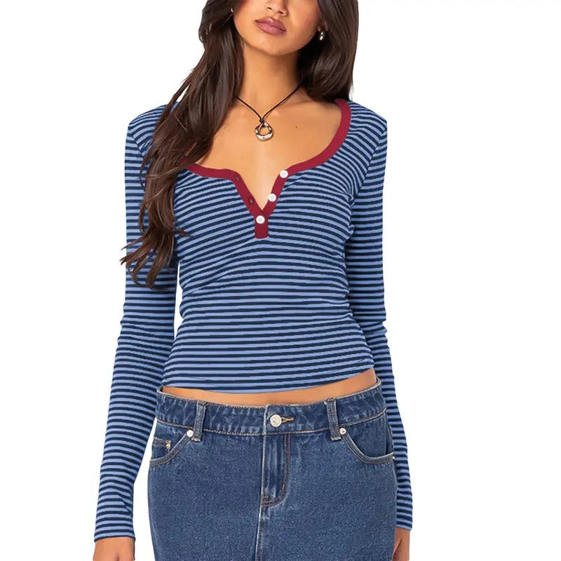 Women's Striped Knit Tops Slim Notch V Neck Button Down Long Sleeve Shirt for Fall Streetwear Knitwear Lady